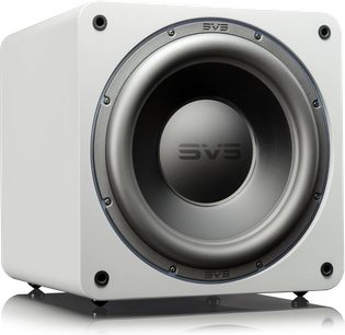 SVS SB-3000 lackerad vit subwoofer, frontvy, svart högtalare i mitten, vitt fyrkantigt chassi med rundade hörn