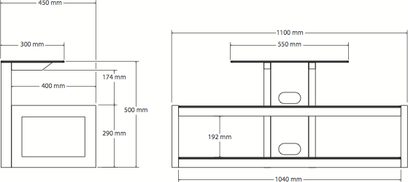 Norstone Design Dyvad TV-møbel med dimensioner i millimeter, set forfra og fra siden, i sort-hvid, teknisk stil