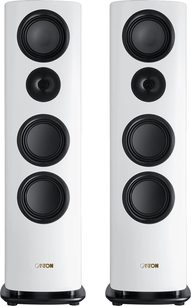 Pareja de columnas acústicas Canton Reference 5 en blanco mate, frontal con cuatro altavoces negros alineados