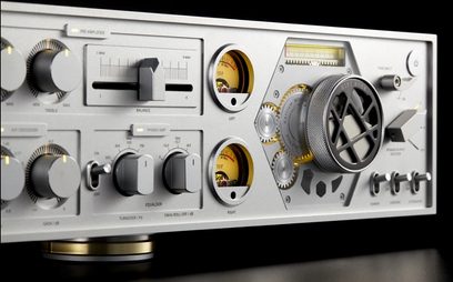 Stereo-Hi-Fi-Verstärker Rose RA180, silberne Front mit Knöpfen, Reglern, Vu-Metern, Kopfhörer- und Mikrofonanschlüssen, Frontansicht