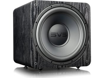 SVS SB-1000 PRO zwarte essen subwoofer, vooraanzicht, zwarte kegel, donker getextureerd houten omtrek, zilveren SVS-logo