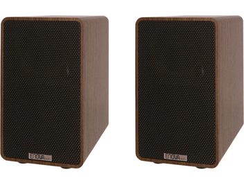 Бездротові підключені колонки Enova HIFI VELA III з горіхового дерева, вид спереду, прямокутні корпуси, закруглені кути, текстуровані чорні решітки