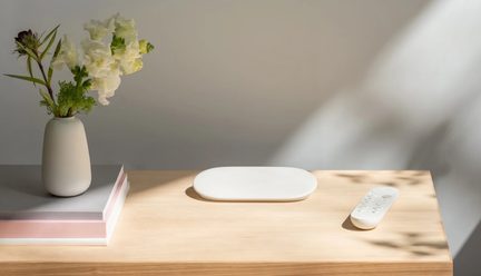 Vit vas med vita blommor, staplade böcker, vit oval bricka, vit fjärrkontroll på ljust träbord