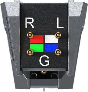 Celulă platină viniluri Ortofon MC Verismo, vedere din față, conectori aurii, litere albe R, L, G, pătrate roșu, verde, alb, albastru