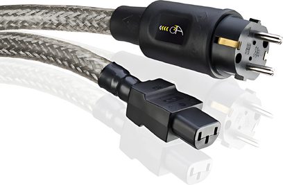 O2A Elégance Secteur sort strømkabel med IEC C13-stik og netstikprop, sølvfarvet flettet kappe