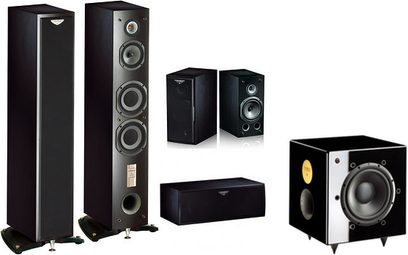 Sæt af sorte gulvhøjtalere Triangle Antal EX, 2 gulvhøjtalere, 2 reolhøjtalere, 1 center, 1 subwoofer