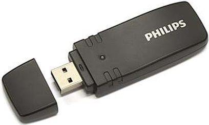 Schwarzer Philips PTA01 USB-WLAN-Adapter von vorne, silberner USB-Stecker, weiße Aufschrift "PHILIPS"