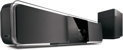 Czarna i srebrna soundbar Philips HTS-8140, widok z przodu, z bocznymi głośnikami i centralnym wyświetlaczem LED