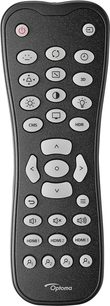 Controle remoto preto Optoma com 28 botões redondos cinza claro sobre fundo texturizado, vista frontal em close-up