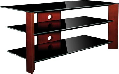 Møbel til TV i mørkt træ og sort glas, 3 hylder, 2 lukkede rum med dør med rund udskæring, set forfra