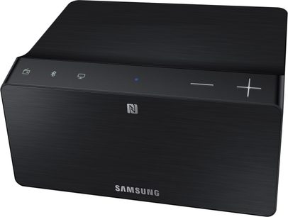 Samsung LinkMate WAM270 sort netværksaudioafspiller, set forfra, med kontrolknapper og blå indikatorlampe