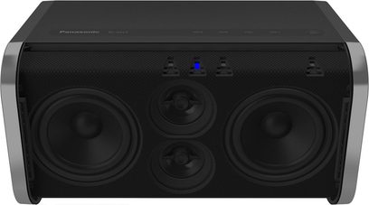 Panasonic SC-ALL3EG-K sort højttaler, set forfra, 3 runde højttalere, blå knapper og indikatorer på toppen