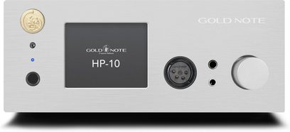 Hoogwaardige hoofdtelefoonvoorversterker HP-10 Deluxe zilver met rechthoekig frontpaneel, ronde knop, audio-aansluitingen en centraal scherm