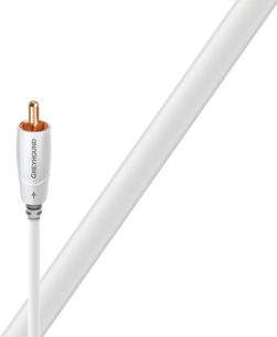 Cavo audio Audioquest Greyhound 2M bianco con connettore RCA placcato oro, vista frontale su sfondo bianco