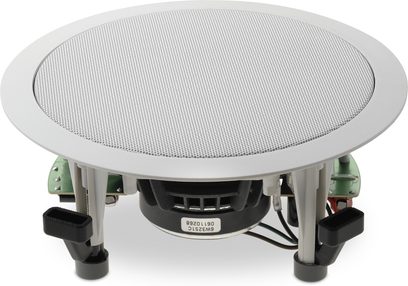 Focal Electra IC 1002 indbygningshøjttaler til loft, set nedefra, rund perforeret gitter, central diskant, grønne sidebassenheder