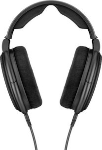 Sennheiser HD660S åben hovedtelefon, sort, set forfra, polstret hovedbøjle, ovale stofbeklædte ørepuder, aftagelig kabel