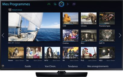 Brugergrænseflade på et Samsung UE32H5500 TV, der viser en "Mine programmer"-menu med kanalminiaturebilleder