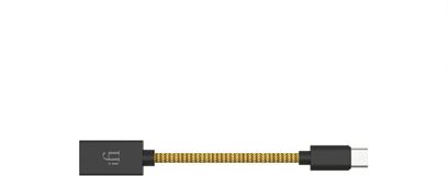 iFi Audio OTG USB-C-Kabel mit goldenem geflochtenem Mantel und schwarzen Steckern in Profilansicht