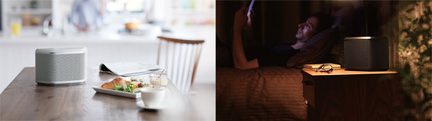 Two side-by-side images: white connected speaker on a wooden table, cat lying near a cup on a wooden shelf
