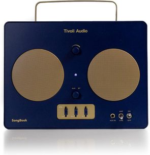 Bluetooth-højttaler Tivoli SongBook i blå/guld, set forfra, gyldne metalgitter, EQ-skyder, AUX-indgang, håndtag