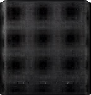 Juoda prijungta Samsung HW-LS70H kolonėlė, vaizdas iš priekio, kvadratinis dizainas su perforuotomis grotelėmis ir valdikliais apačioje