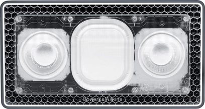 Bowers & Wilkins T7 Wireless Lautsprecher schwarz, Frontansicht, hexagonales Metallgitter, 3 runde weiße Lautsprecher