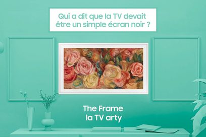 Samsung F-TQ65LS03D-BF, rektangulær skærm indrammet, viser maleri af roser, grøn væg, vase og bøger nedenunder