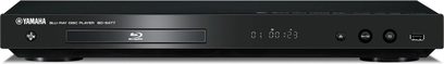 Reproductor Blu-ray 4K Yamaha BD-S477 negro, vista frontal, panel frontal con pantalla, botones y bandeja para disco