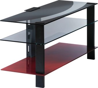 Sort og rød TV-møbel i glas og metal med 3 hylder, set fra 3/4 vinkel