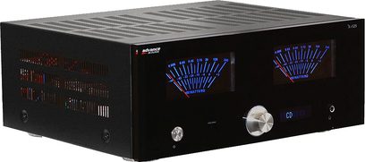 Hi-fi stereo zesilovač Advance Paris X-i125 černý, přední panel s tlačítky, konektory a modrými LED displeji, pohled zepředu