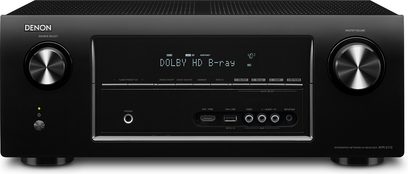 Černý domácí kino zesilovač Denon AVR-2113, přední panel, modrý displej "DOLBY HD B-ray", tlačítka, sluchátkový a USB vstup