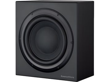 Subwoofer Bowers & Wilkins CT SW15 negro, vista frontal, forma cilíndrica, altavoz circular central