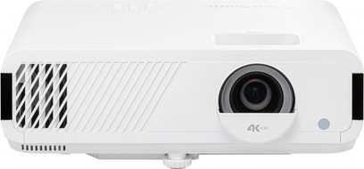 ViewSonic PX749-4K hvid projektor, rektangulær, forskudt objektiv, knapper på toppen, tilslutninger på bagsiden