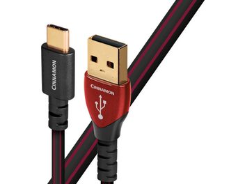 Audioquest Cinnamon USB A na C USB kabel 1,5 m, pozlacené konektory, černo-červený opletený plášť, pohled z profilu a zepředu