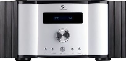 Stereo integreret forstærker Tonewinner AD3 Pro+ sølvfront med centralt blåt display, stor volumenkontrol og sorte sider