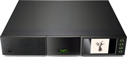 Önden görünüşlü siyah Naim Audio NDX2 ağ müzik çalar, LCD ekranda bir görüntü, fırçalanmış alüminyum ön panel
