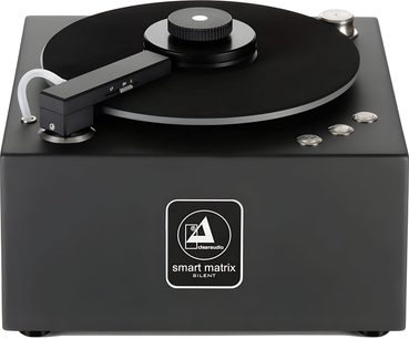 ClearAudio Smart Matrix Silent svart skivspelare, ovanifrån, svart tallrik, silverfärgad rörlig tonarm, knappar och ratt