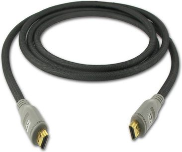 HDMI-kabel Connect Research CR7103 sort, med grå metalforgyldte stik, oprullet på hvid baggrund