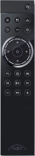 Sort Naim Uniti Atom HDMI-fjernbetjening med kromet cirkulær drejeknap, 18 runde knapper og hvidt logo forneden