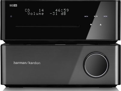 Mini sistema hi-fi Harman Kardon MAS 101 nero, vista frontale, display LCD volume -31 dB, manopola di controllo rotante