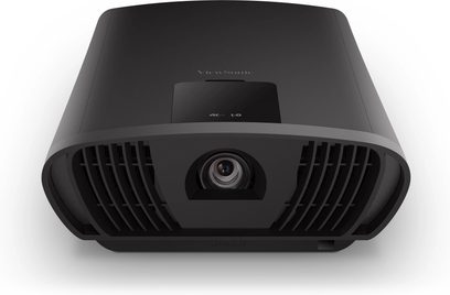 ViewSonic X100-4K sort projektor, kompakt, blank front, højttalergitre, set forfra på hvid baggrund