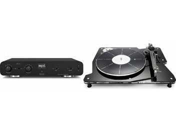 Sort Vertere-pladespiller med tonearm og sort SPL Phonos-phono-forforstærker med to drejeknapper