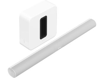 Sonos Arc + Sub (Gen 3) wit soundbar pakket, vooraanzicht en zijaanzicht, langwerpig rechthoekig, wit, met witte cilindervormige subwoofer