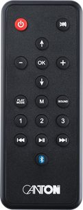 Telecomandă Hi-Fi Canton Smart Remote Control neagră, vedere din față, butoane rotunde, buton de pornire roșu și Bluetooth albastru