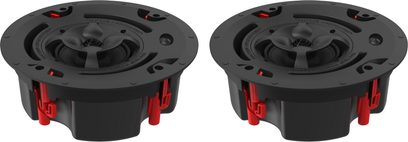 Decken-Einbaulautsprecher Klipsch PIC-525-T-SC BW, Perspektivansicht, schwarze runde Struktur, sichtbare rote Befestigungen