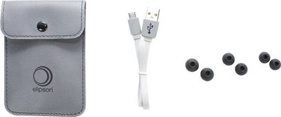 Šedá sluchátka do uší Elipson IN-EAR N°1 s černými silikonovými nástavci a bílým kabelem, pohled zepředu a z boku