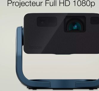 Epson EF-22N, sort rektangulær projektor, synlig linse til højre, buet blå støtte, frontvisning på lys baggrund