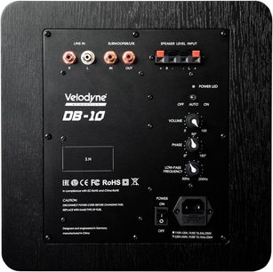 Bagpanel på en Velodyne DB-10 baskabinetshøjttaler med RCA-lydstik og justeringer af lydstyrke, fase og afskæringsfrekvensstyring