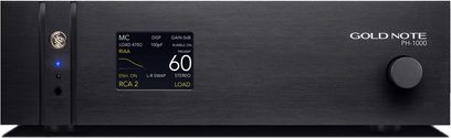 Preamplificator phono Gold Note PH-1000 lite negru, panou frontal cu ecran digital, buton rotativ și finisaj metalic periat negru