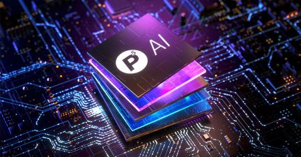 Oblique perspective view of a black metallic electronic chip with luminous blue, violet, and pink layers on a dark printed circuit board, inscription “P⁵ AI”
